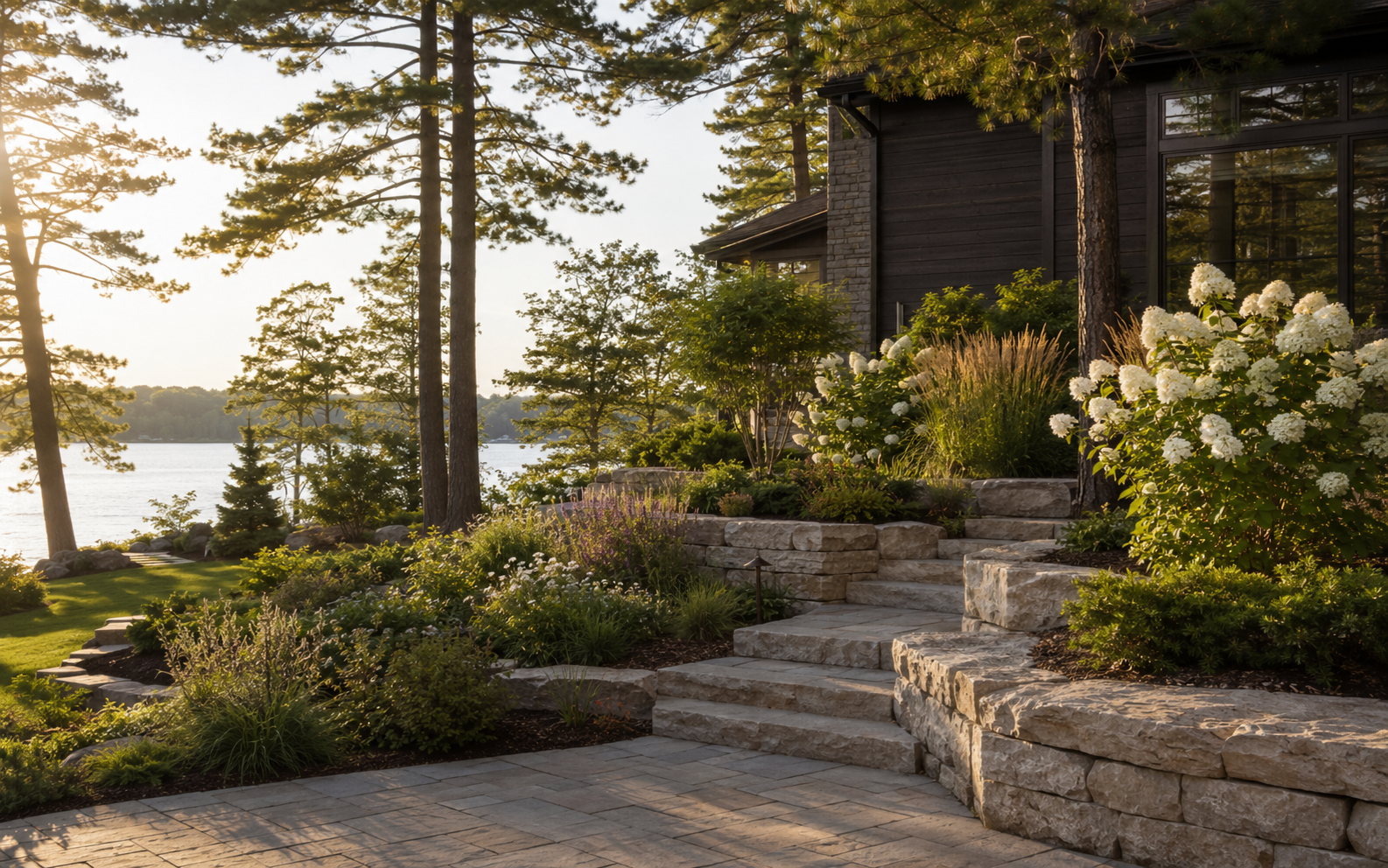 Minnesota lakeside home with stone patio, retaining walls, and layered landscaping